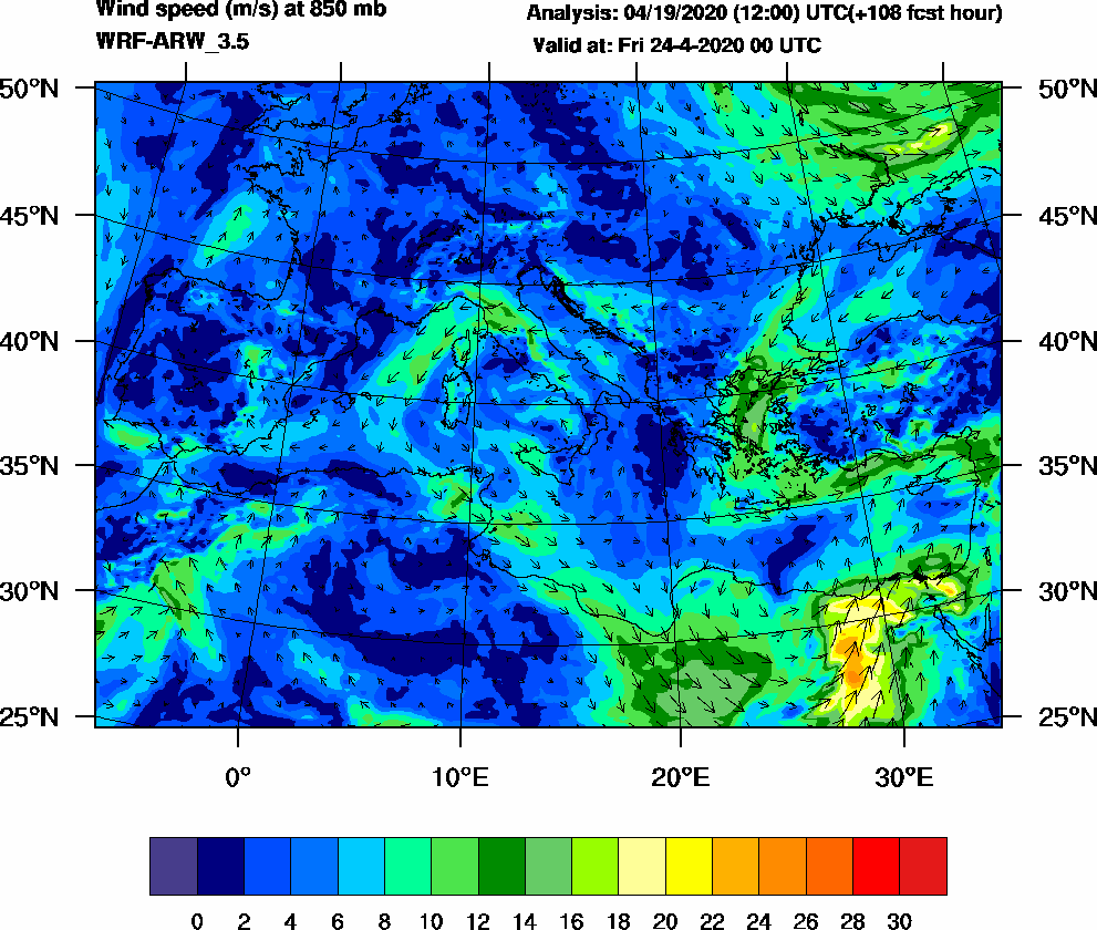 Wind speed (m/s) at 850 mb - 2020-04-24 00:00