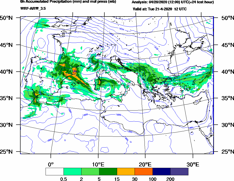 6h Accumulated Precipitation (mm) and msl press (mb) - 2020-04-21 06:00