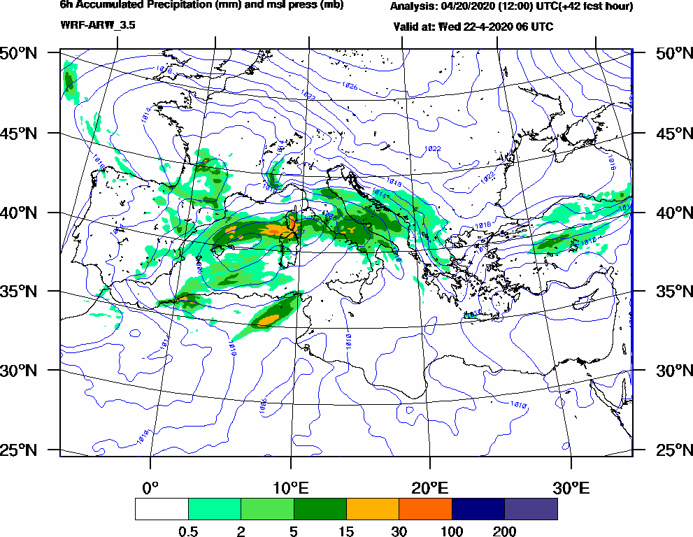 6h Accumulated Precipitation (mm) and msl press (mb) - 2020-04-22 00:00