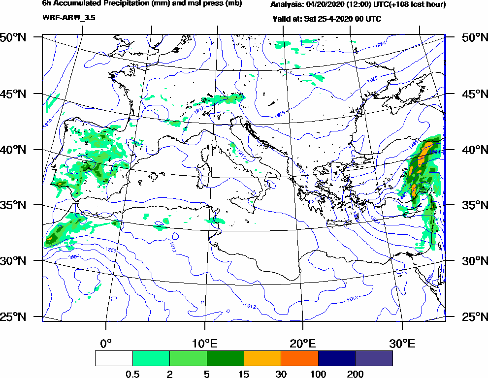 6h Accumulated Precipitation (mm) and msl press (mb) - 2020-04-24 18:00