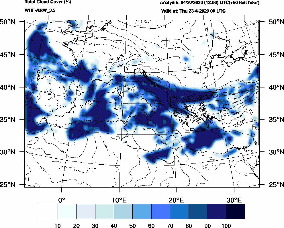 Total cloud cover (%) - 2020-04-22 18:00