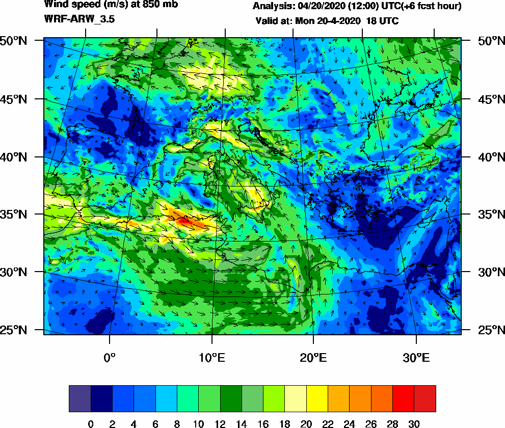Wind speed (m/s) at 850 mb - 2020-04-20 18:00