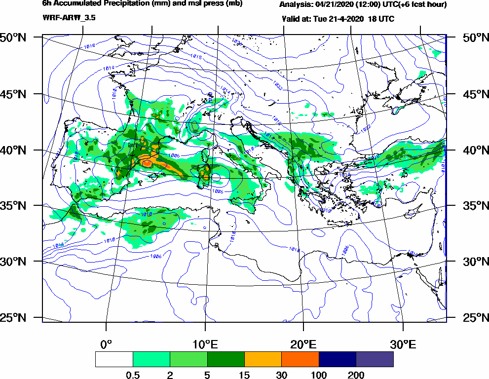 6h Accumulated Precipitation (mm) and msl press (mb) - 2020-04-21 12:00