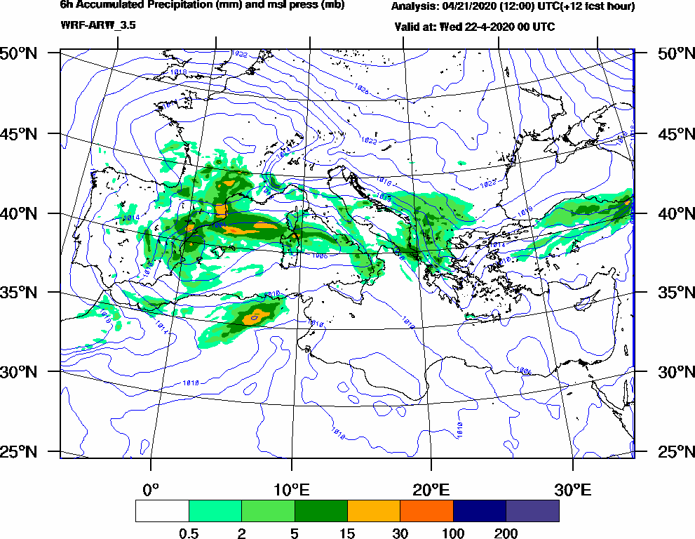 6h Accumulated Precipitation (mm) and msl press (mb) - 2020-04-21 18:00