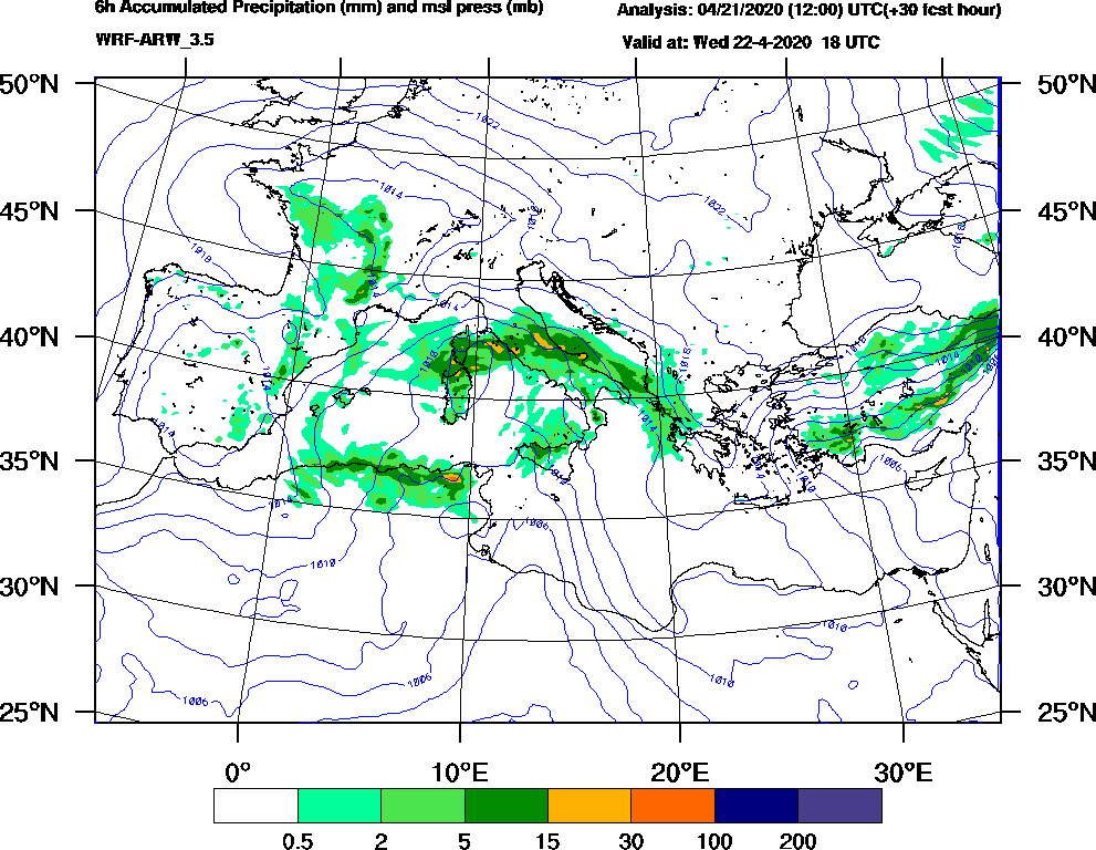 6h Accumulated Precipitation (mm) and msl press (mb) - 2020-04-22 12:00