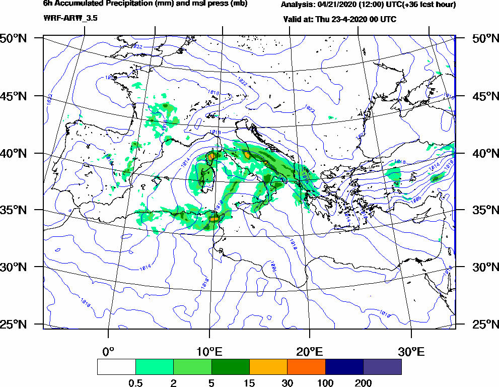 6h Accumulated Precipitation (mm) and msl press (mb) - 2020-04-22 18:00