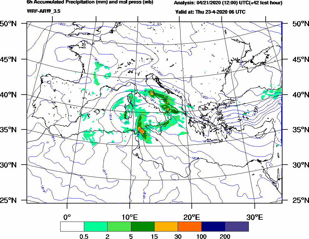 6h Accumulated Precipitation (mm) and msl press (mb) - 2020-04-23 00:00