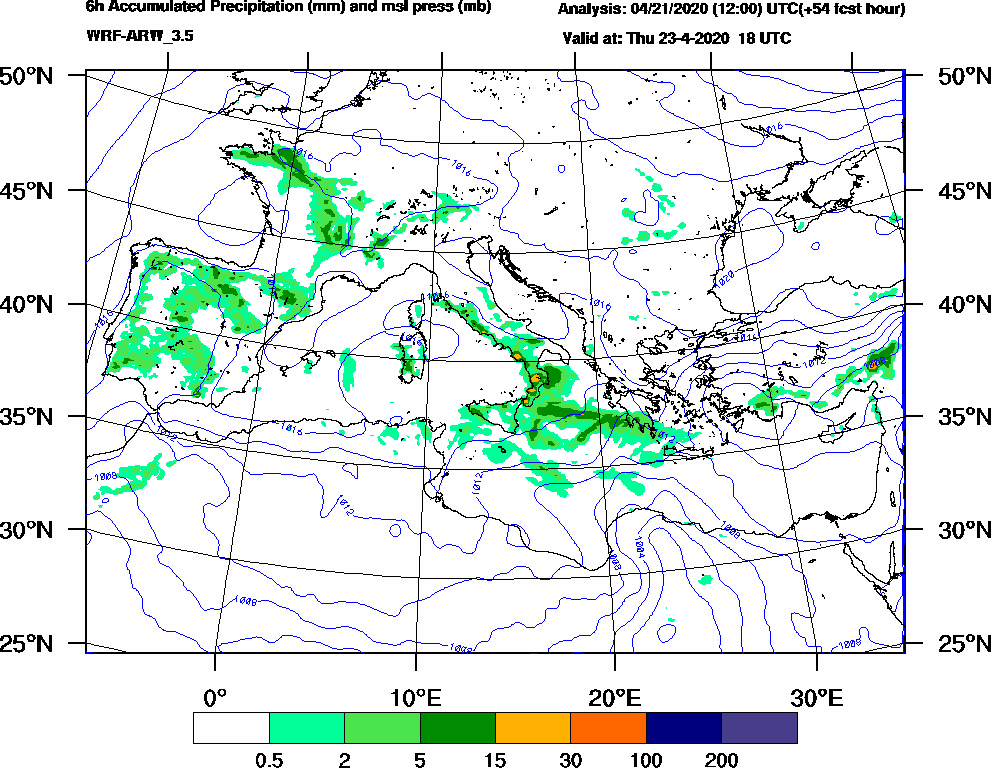 6h Accumulated Precipitation (mm) and msl press (mb) - 2020-04-23 12:00