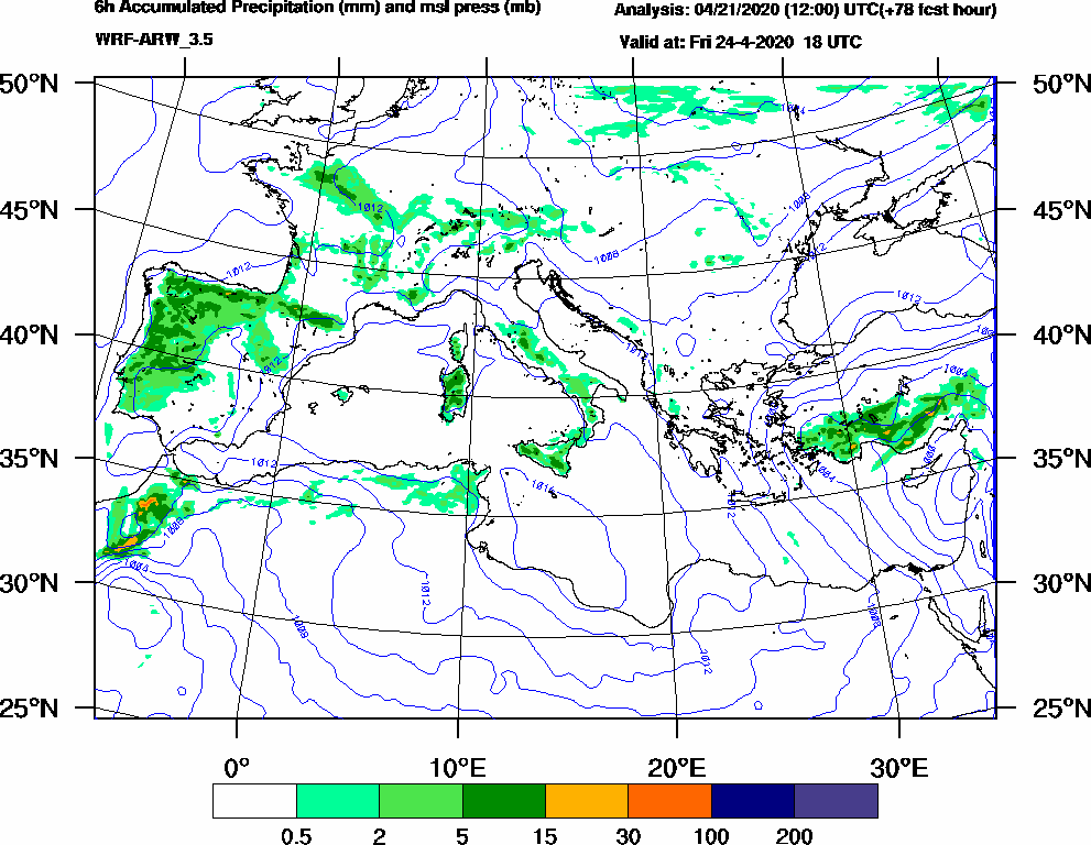 6h Accumulated Precipitation (mm) and msl press (mb) - 2020-04-24 12:00