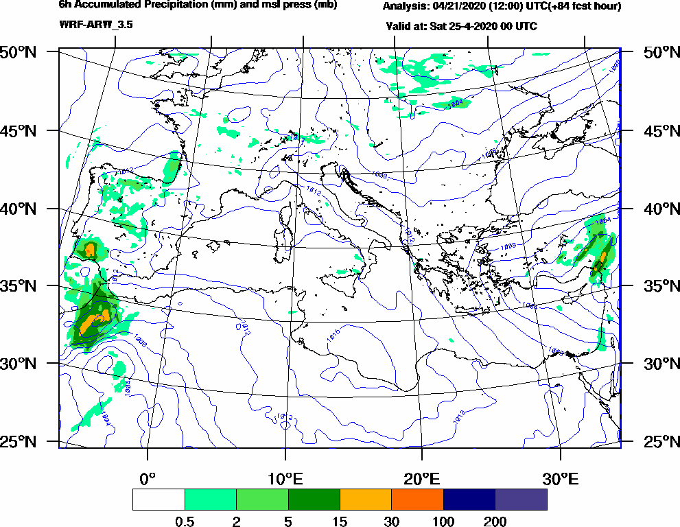 6h Accumulated Precipitation (mm) and msl press (mb) - 2020-04-24 18:00