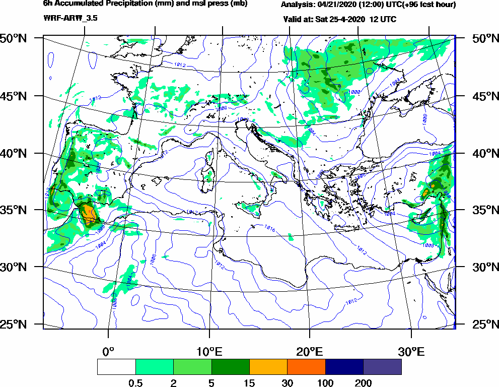 6h Accumulated Precipitation (mm) and msl press (mb) - 2020-04-25 06:00