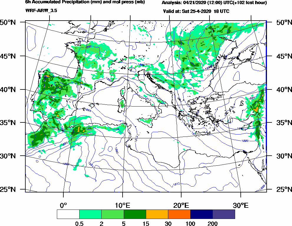 6h Accumulated Precipitation (mm) and msl press (mb) - 2020-04-25 12:00