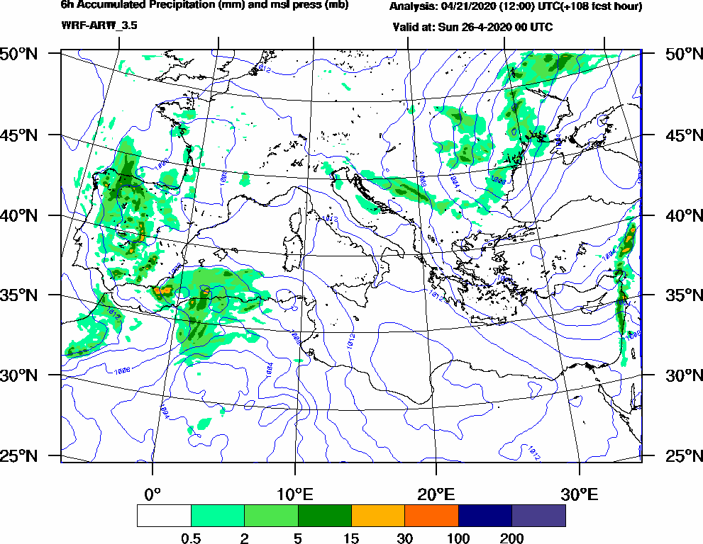 6h Accumulated Precipitation (mm) and msl press (mb) - 2020-04-25 18:00