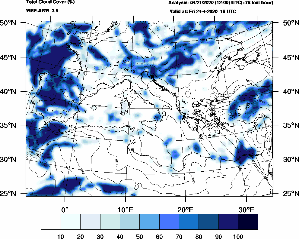 Total cloud cover (%) - 2020-04-24 12:00