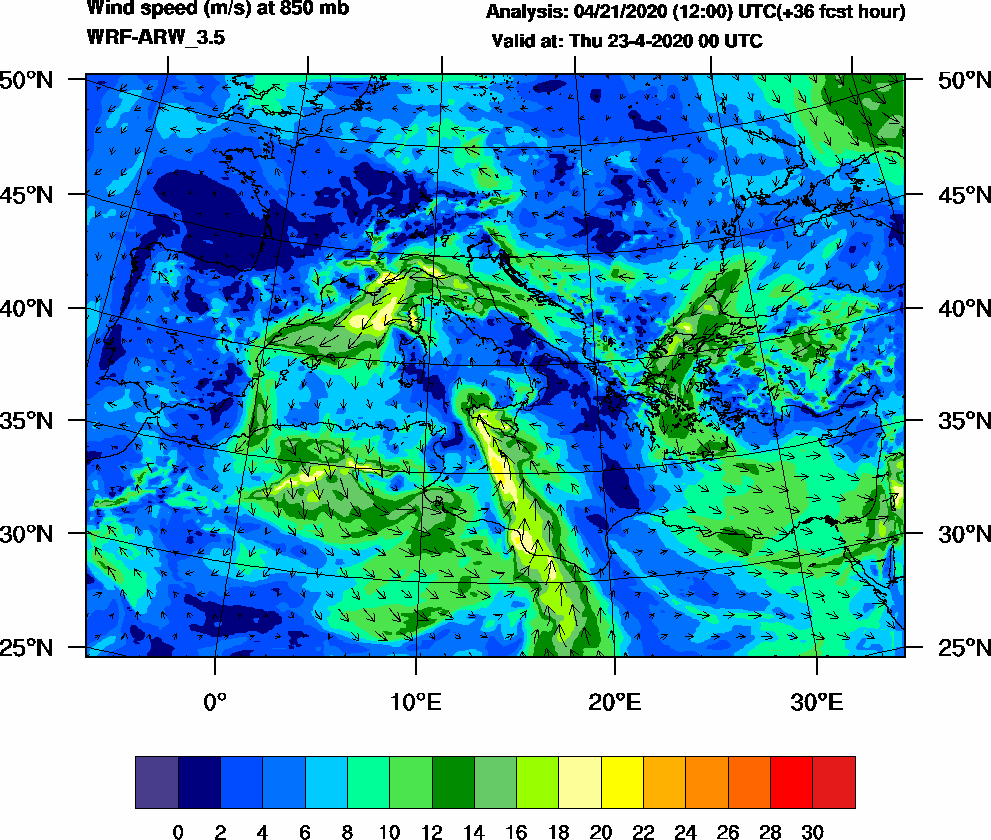 Wind speed (m/s) at 850 mb - 2020-04-23 00:00