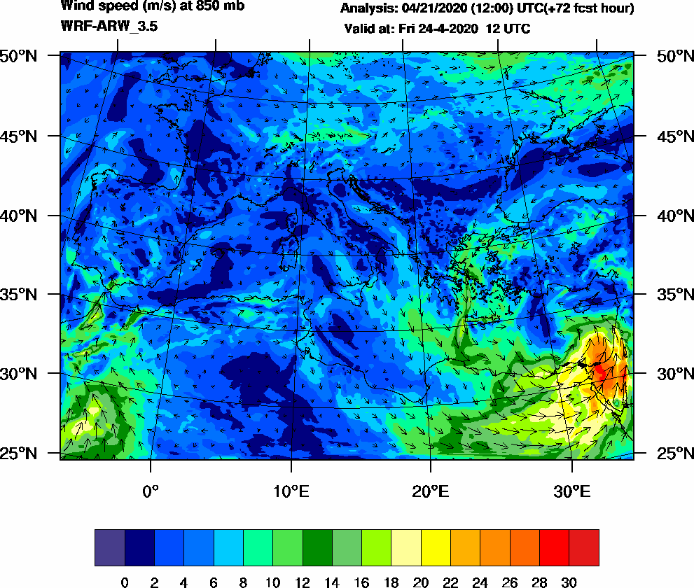 Wind speed (m/s) at 850 mb - 2020-04-24 12:00