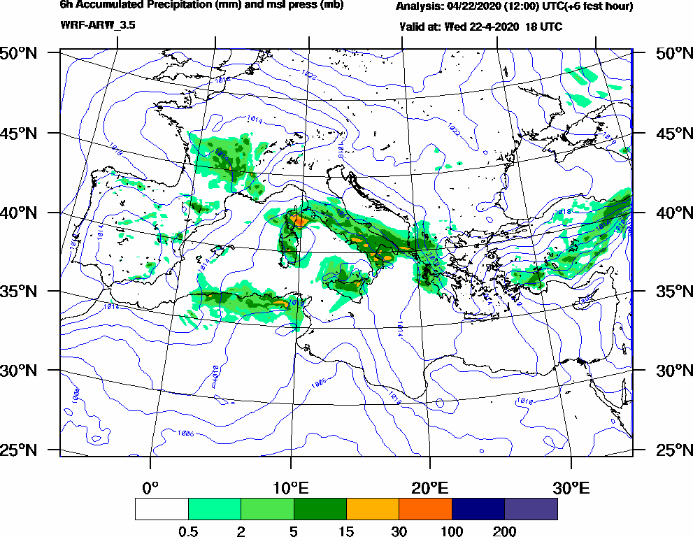 6h Accumulated Precipitation (mm) and msl press (mb) - 2020-04-22 12:00