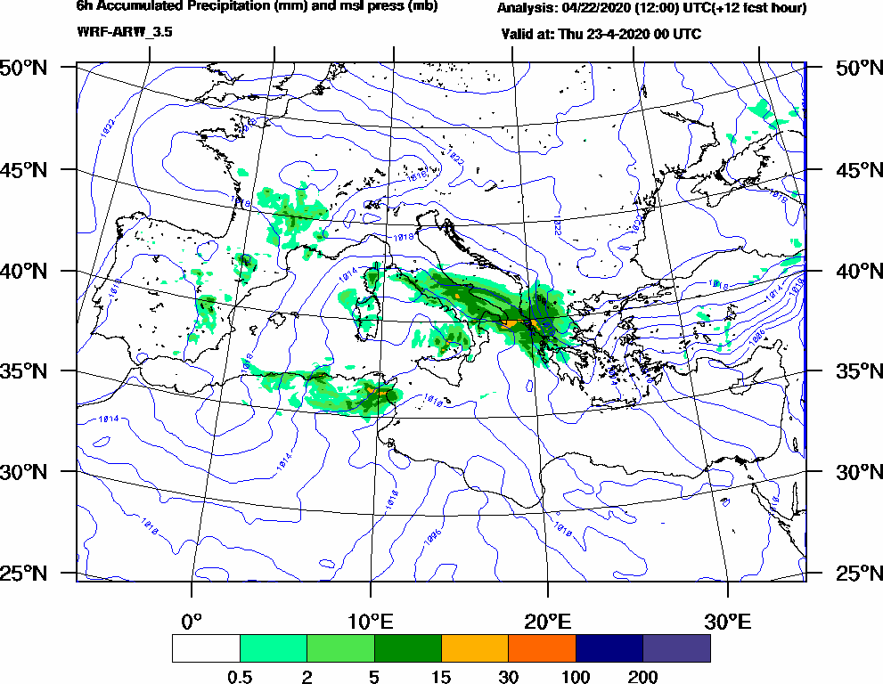 6h Accumulated Precipitation (mm) and msl press (mb) - 2020-04-22 18:00