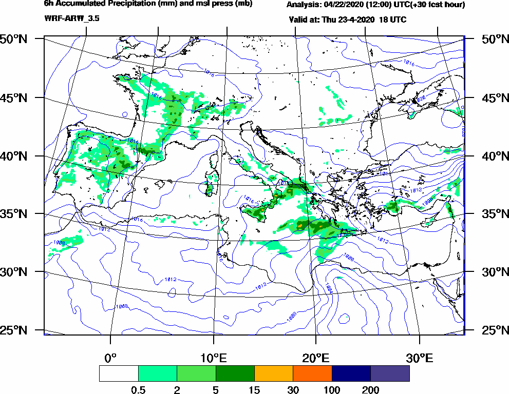 6h Accumulated Precipitation (mm) and msl press (mb) - 2020-04-23 12:00