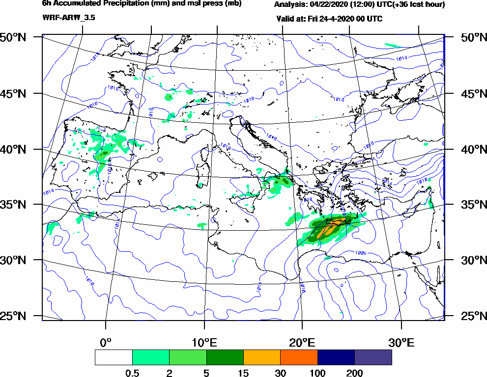 6h Accumulated Precipitation (mm) and msl press (mb) - 2020-04-23 18:00
