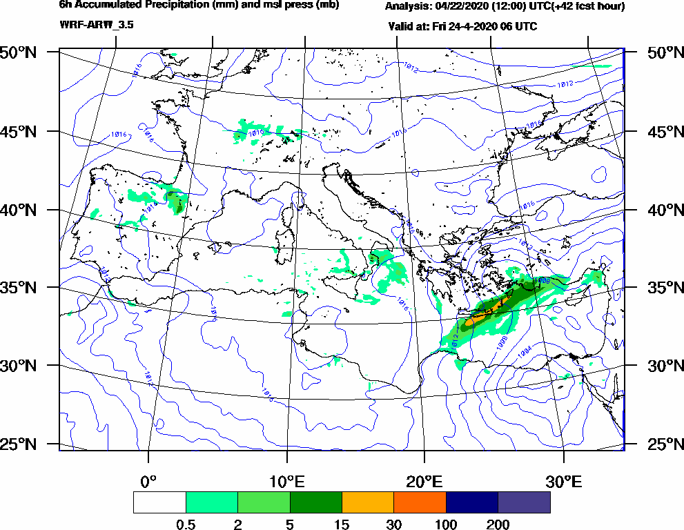 6h Accumulated Precipitation (mm) and msl press (mb) - 2020-04-24 00:00