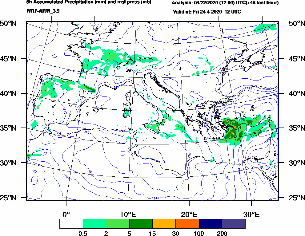 6h Accumulated Precipitation (mm) and msl press (mb) - 2020-04-24 06:00