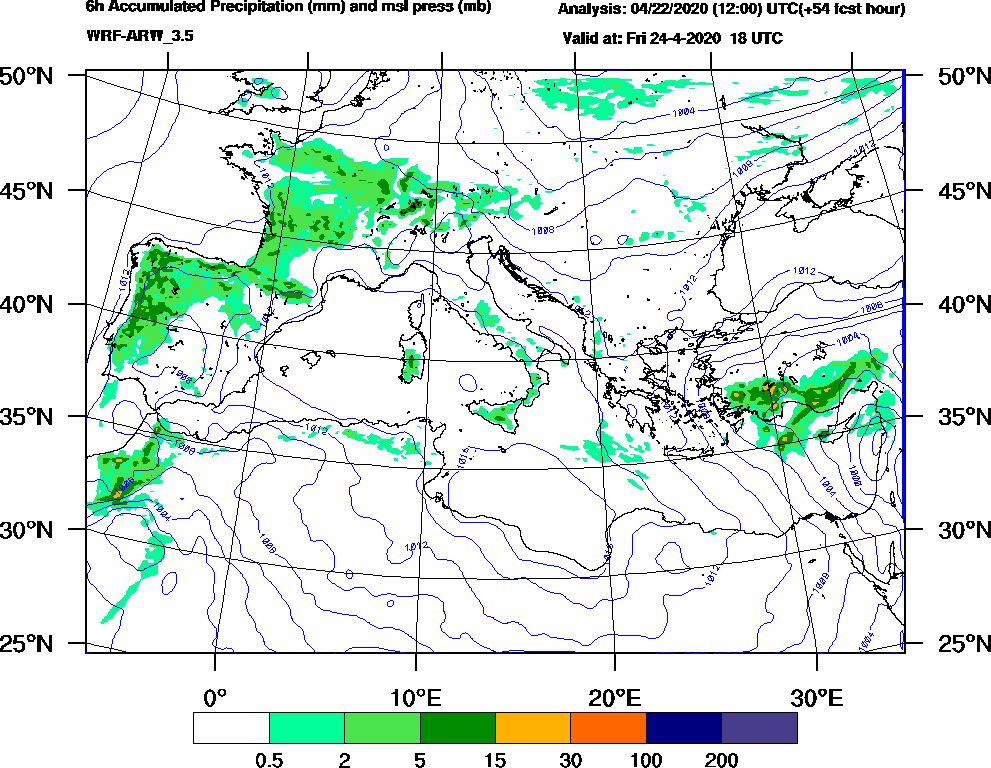 6h Accumulated Precipitation (mm) and msl press (mb) - 2020-04-24 12:00
