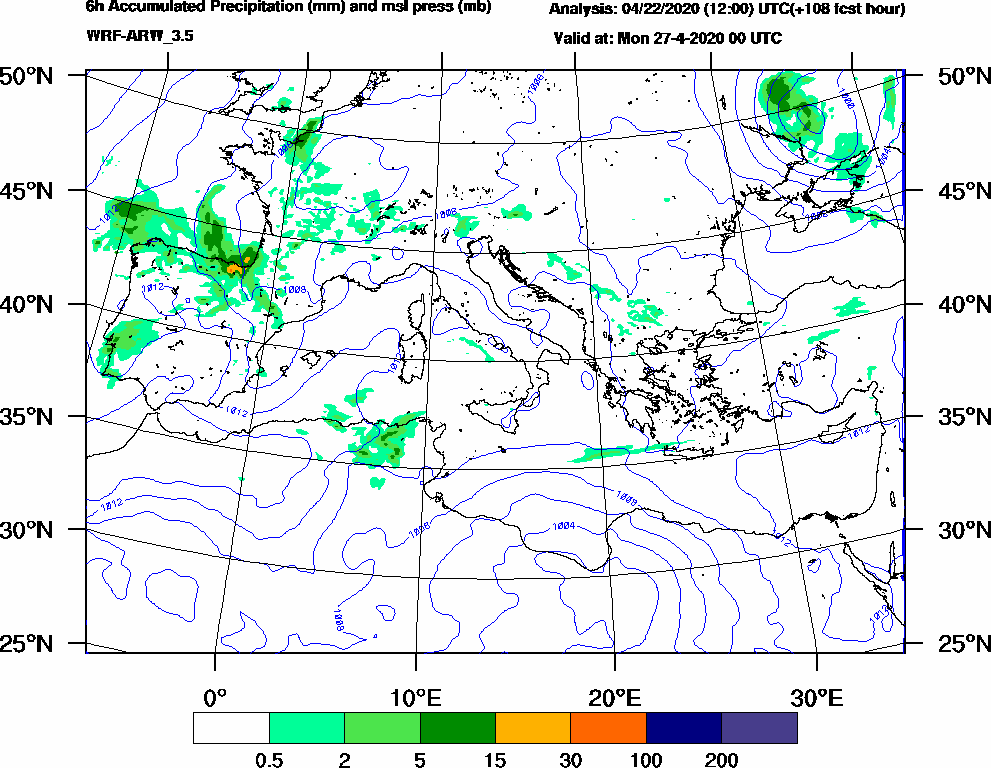 6h Accumulated Precipitation (mm) and msl press (mb) - 2020-04-26 18:00