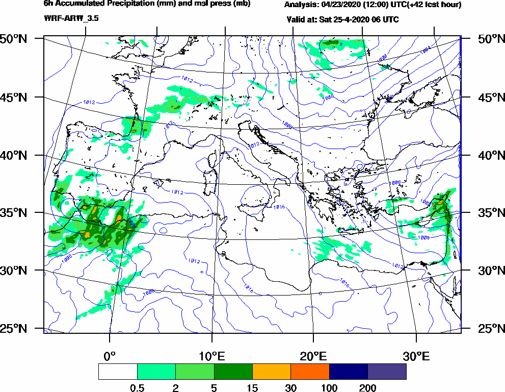 6h Accumulated Precipitation (mm) and msl press (mb) - 2020-04-25 00:00