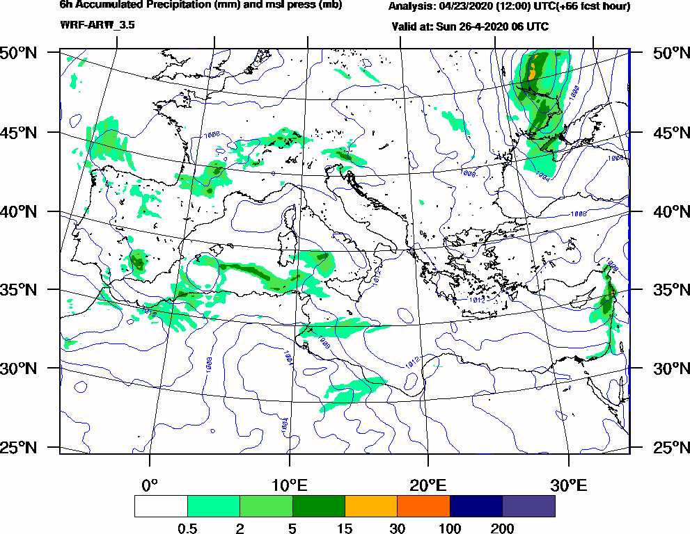 6h Accumulated Precipitation (mm) and msl press (mb) - 2020-04-26 00:00