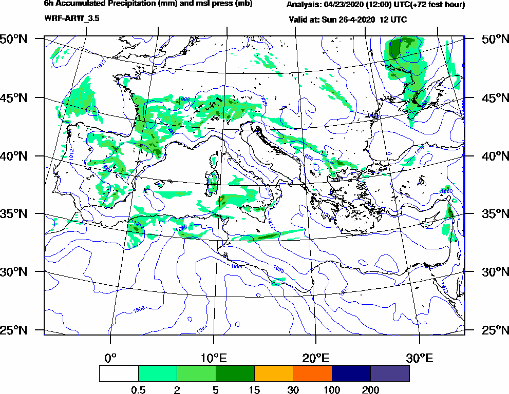 6h Accumulated Precipitation (mm) and msl press (mb) - 2020-04-26 06:00