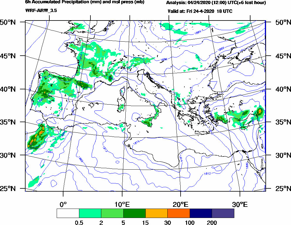 6h Accumulated Precipitation (mm) and msl press (mb) - 2020-04-24 12:00