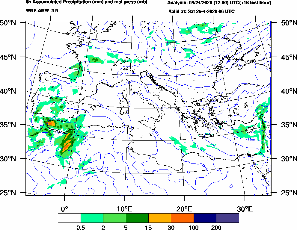 6h Accumulated Precipitation (mm) and msl press (mb) - 2020-04-25 00:00