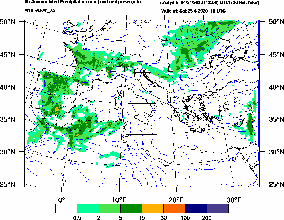 6h Accumulated Precipitation (mm) and msl press (mb) - 2020-04-25 12:00