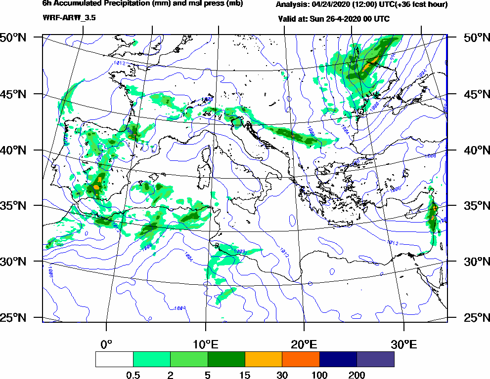 6h Accumulated Precipitation (mm) and msl press (mb) - 2020-04-25 18:00