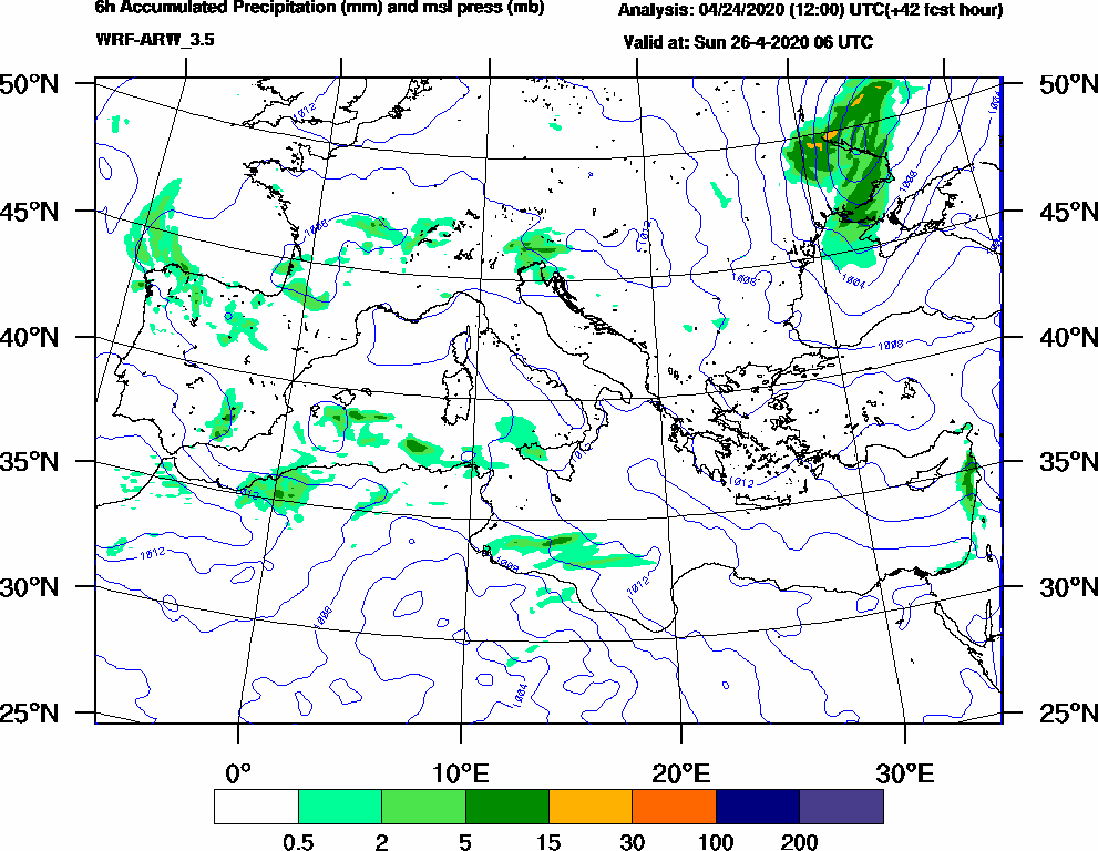 6h Accumulated Precipitation (mm) and msl press (mb) - 2020-04-26 00:00