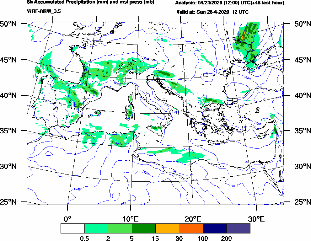 6h Accumulated Precipitation (mm) and msl press (mb) - 2020-04-26 06:00