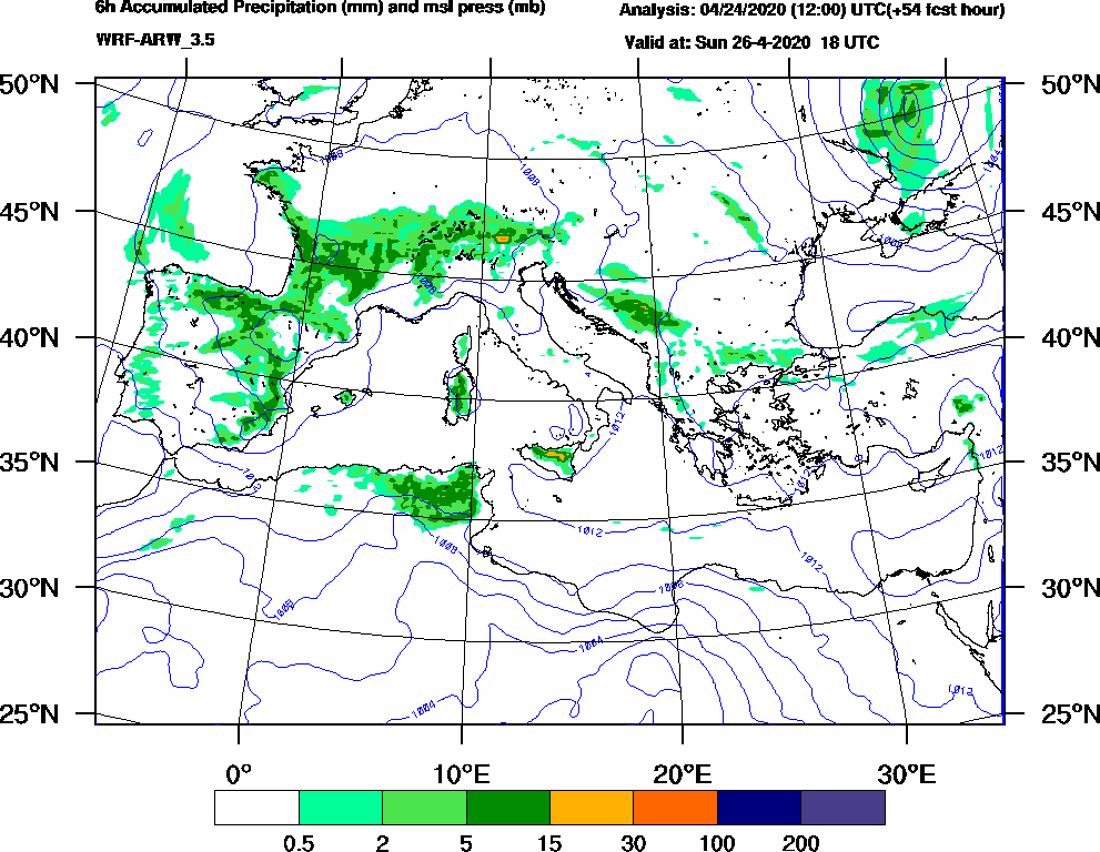 6h Accumulated Precipitation (mm) and msl press (mb) - 2020-04-26 12:00