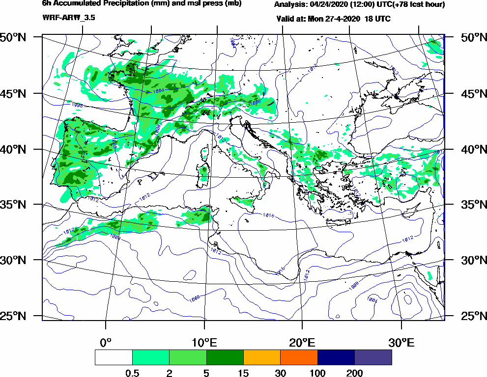 6h Accumulated Precipitation (mm) and msl press (mb) - 2020-04-27 12:00