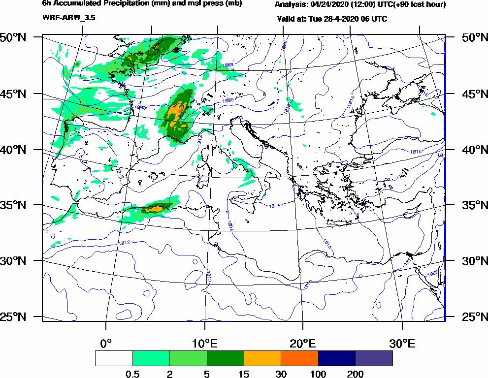 6h Accumulated Precipitation (mm) and msl press (mb) - 2020-04-28 00:00