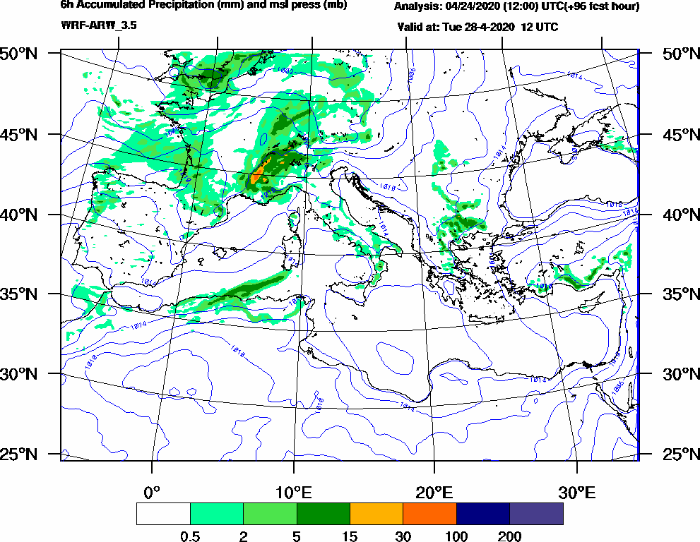 6h Accumulated Precipitation (mm) and msl press (mb) - 2020-04-28 06:00