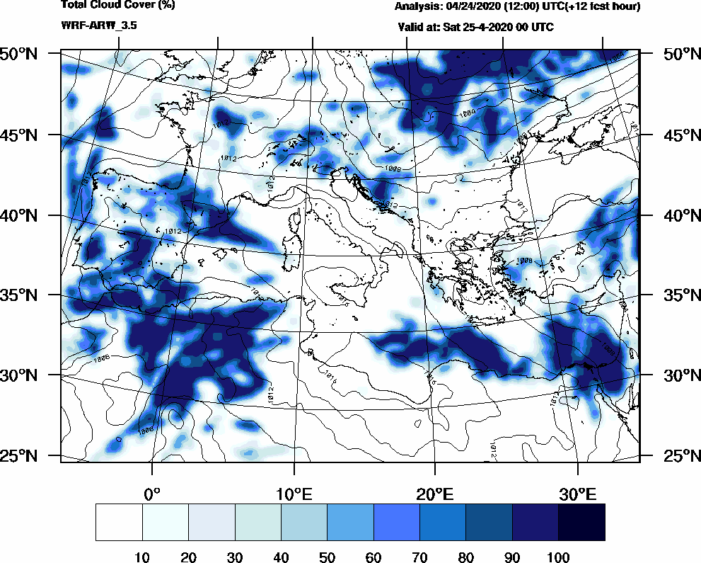 Total cloud cover (%) - 2020-04-24 18:00