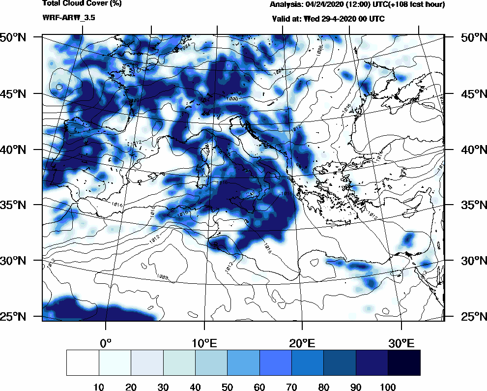 Total cloud cover (%) - 2020-04-28 18:00