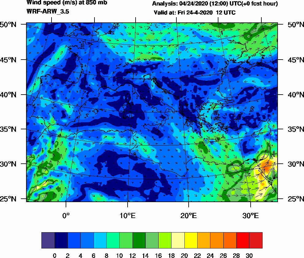 Wind speed (m/s) at 850 mb - 2020-04-24 12:00