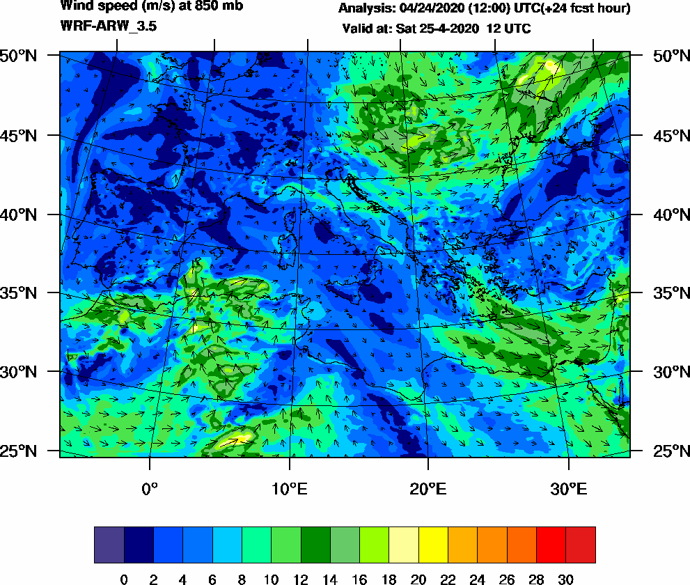 Wind speed (m/s) at 850 mb - 2020-04-25 12:00