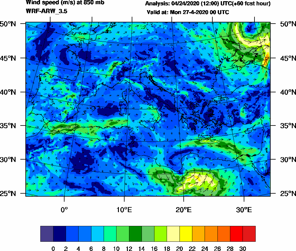 Wind speed (m/s) at 850 mb - 2020-04-27 00:00