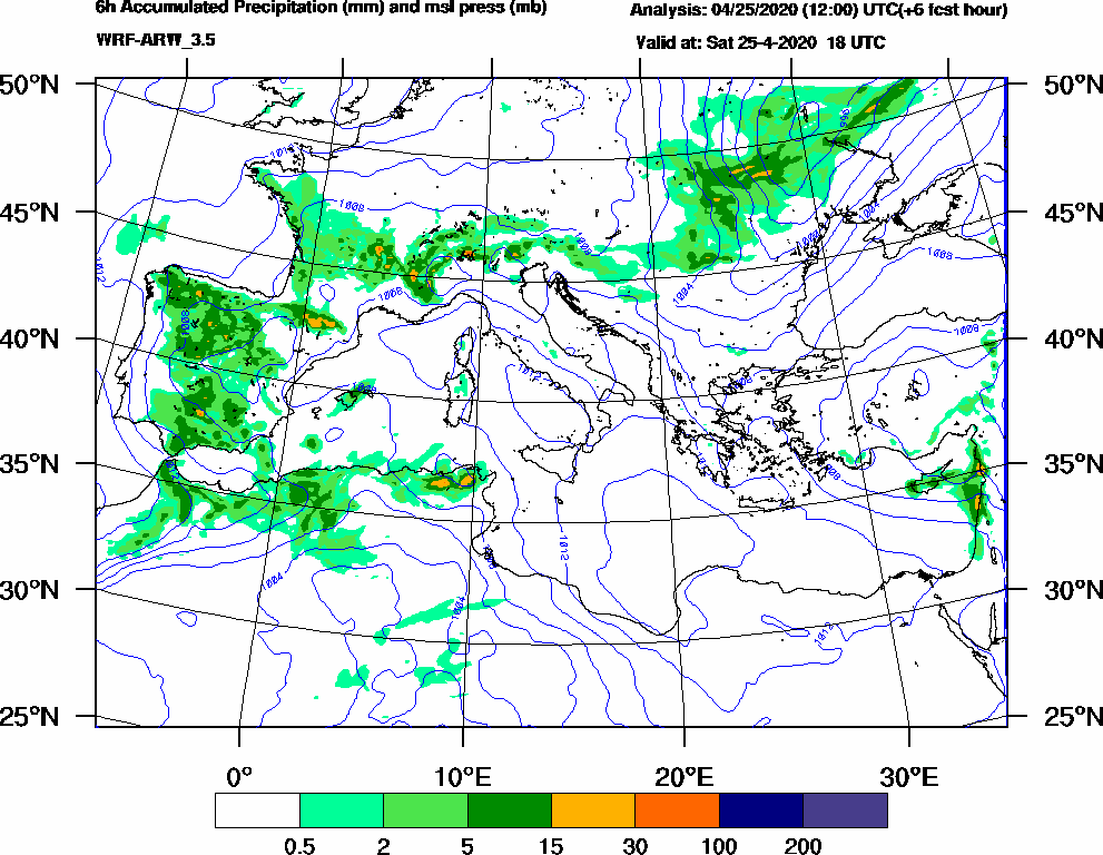 6h Accumulated Precipitation (mm) and msl press (mb) - 2020-04-25 12:00