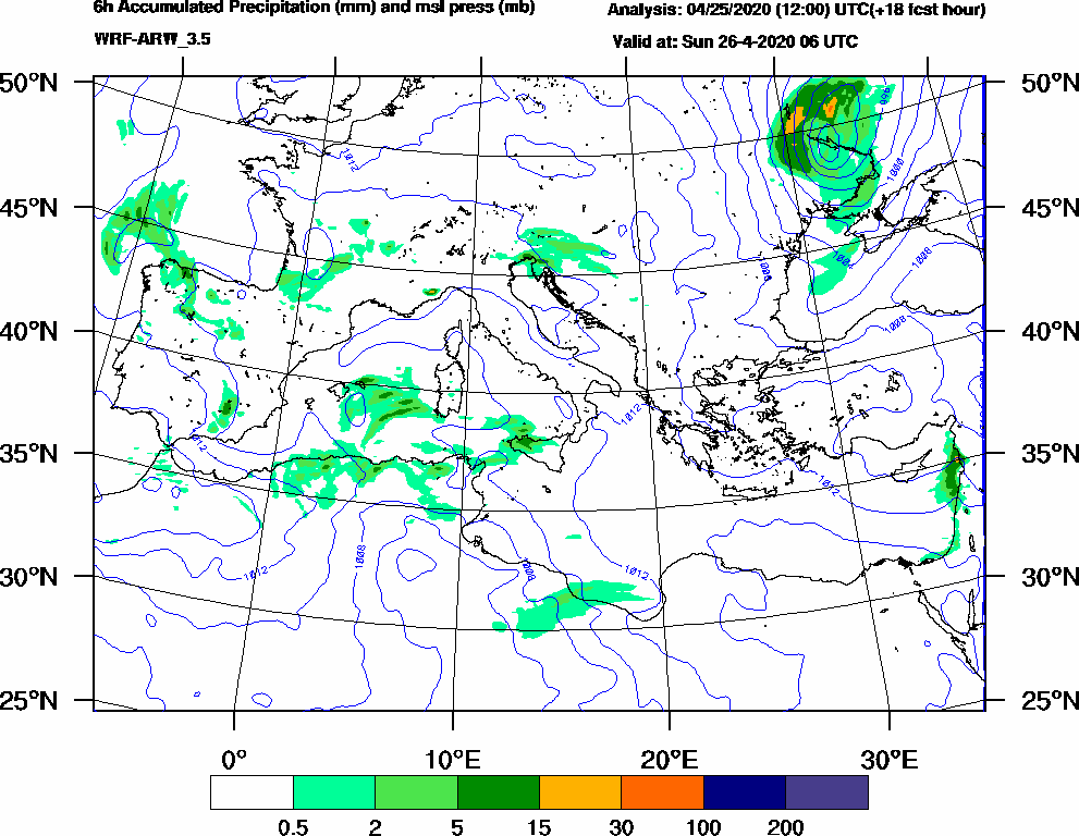 6h Accumulated Precipitation (mm) and msl press (mb) - 2020-04-26 00:00