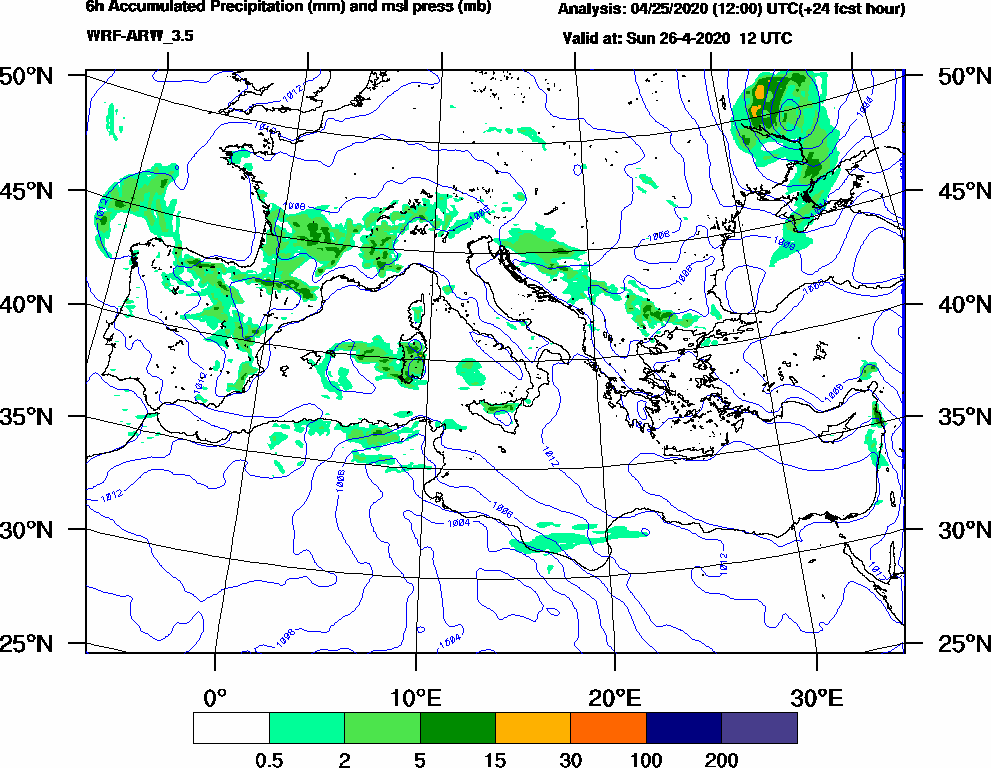 6h Accumulated Precipitation (mm) and msl press (mb) - 2020-04-26 06:00
