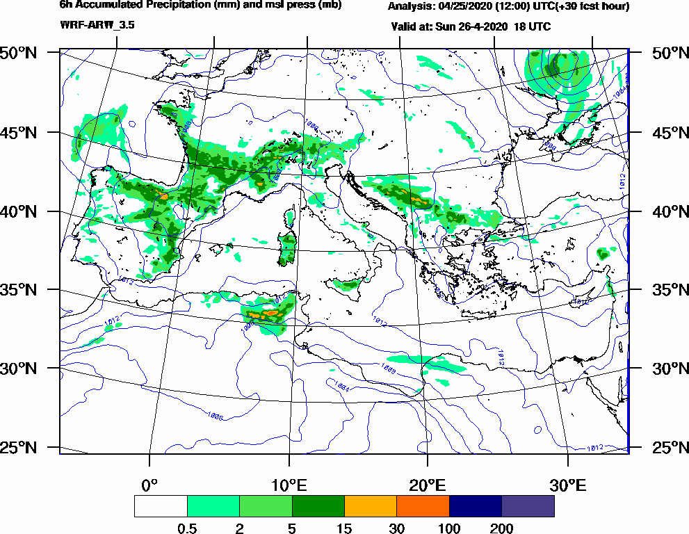 6h Accumulated Precipitation (mm) and msl press (mb) - 2020-04-26 12:00